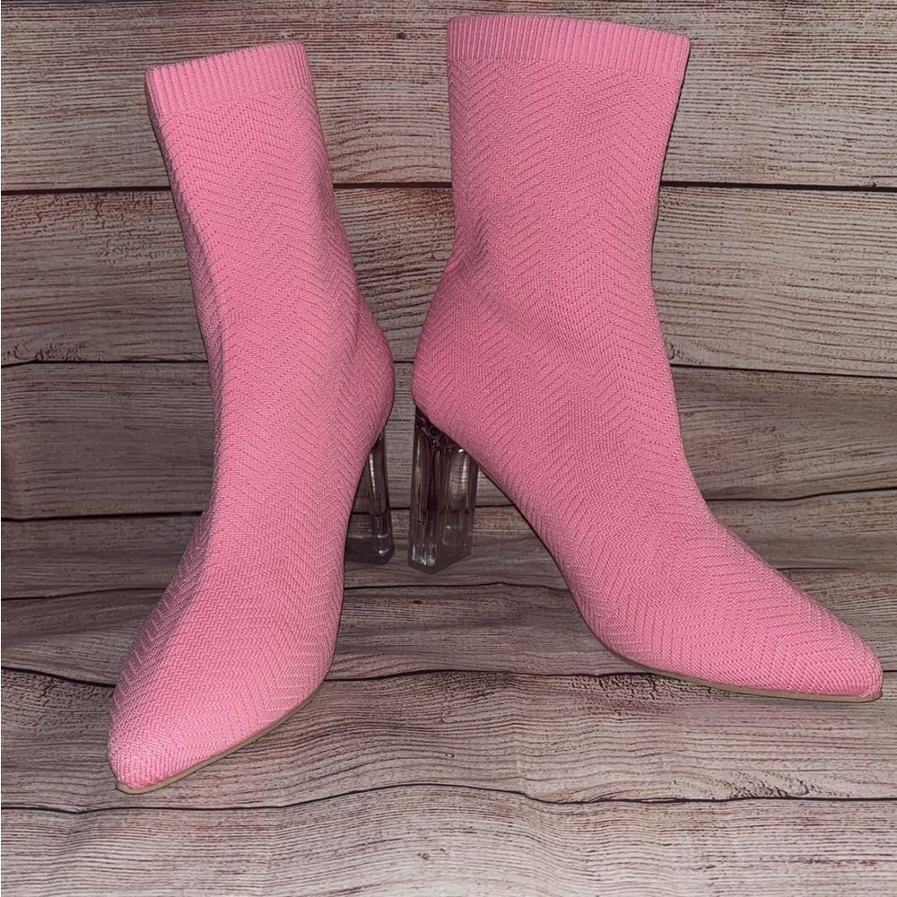 Pink Knit Clear Heels Ankle Boots
